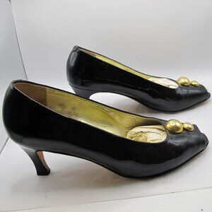 Paloma black patent leather peep-toe 2 inch heel with gold button accent 8.5AA